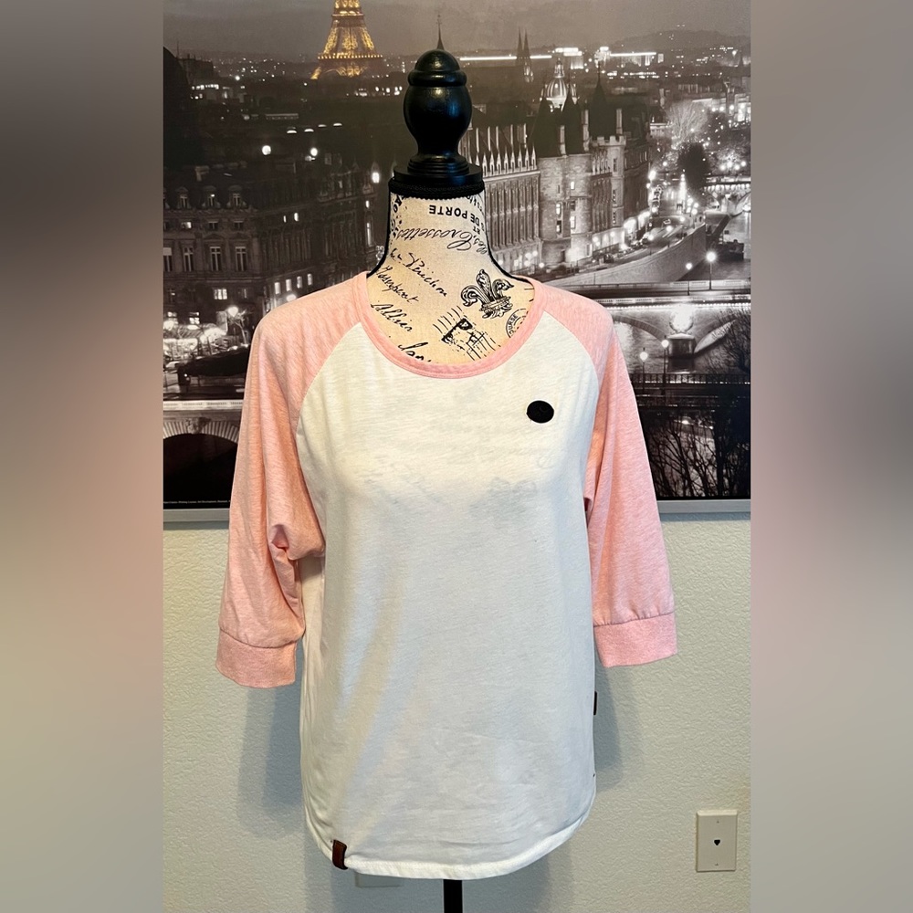 Naketano Size Medium 3/4 Sleeve Pink & White Baseball Shirt